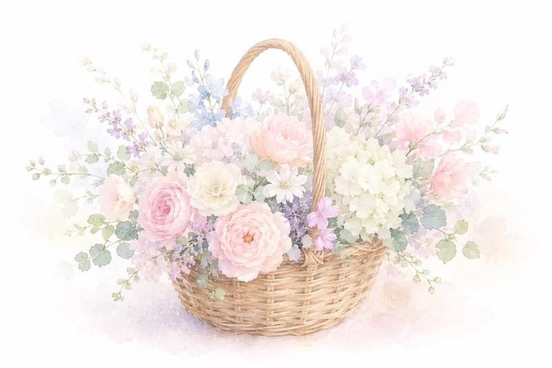 バスケットに入った花束の画像